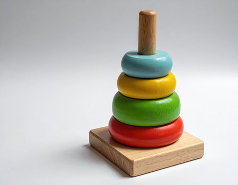 Colorful wooden stacking rings on a square base with a wooden peg