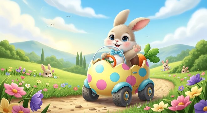 Easter Bunny Driving Egg Car Through Spring Meadow.