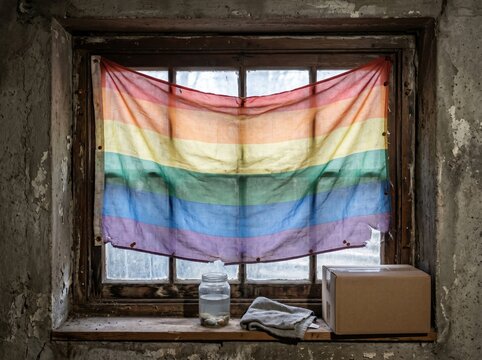 Faded pride banner over basement window for poverty adaptation concept