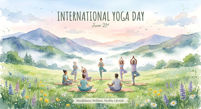 International yoga day water color illustration, 21st june.