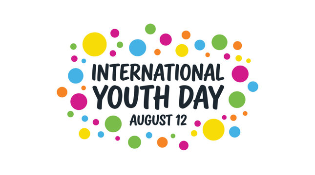 International youth day typography graphic design featuring bold black lettering with vibrant colorful circular confetti dots arranged in a festive organic pattern to celebrate the youth day.