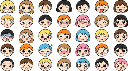 Naklejka premium Cute Chibi Avatar Icon Set Featuring Diverse Anime Character Faces with Various Facial Expressions and Colorful Hairstyles for Emoticons
