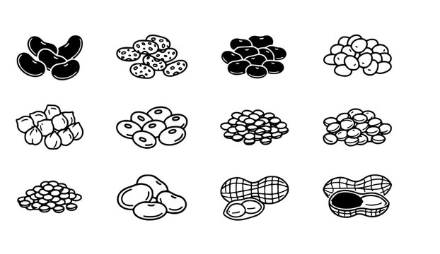 Various types of beans and peanuts icon set.
