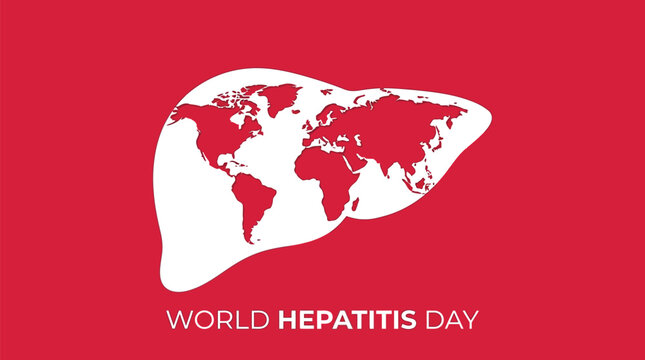 A stylized white human liver icon featuring a detailed red world map silhouette inside it to represent global health awareness during the important annual observation of world hepatitis day event.