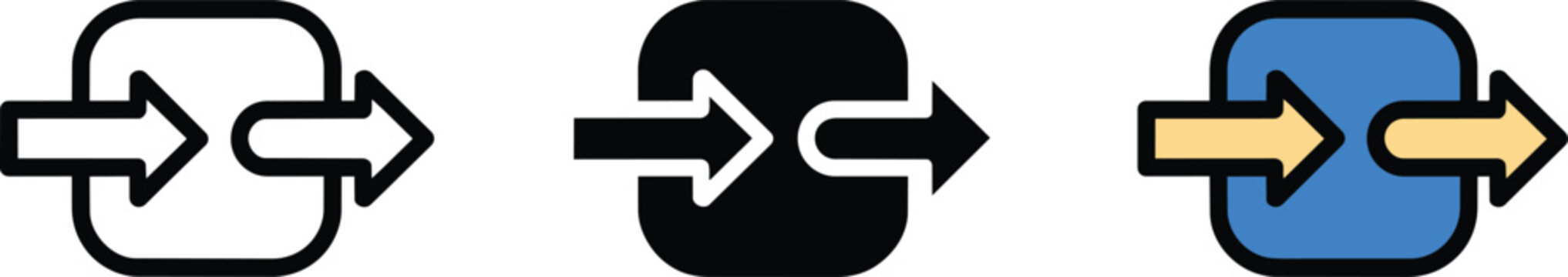 Arrow input output symbol set abstract shapes, digital illustration and exchange data flow, and icon icons in outline and colored styles