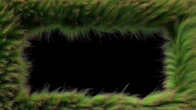 Panning shot of grass border framing opening and revealing black background with subtle horizontal tracking movement across isolated studio set