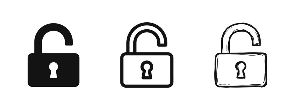 Unlocked Padlock Icon Set in Flat, Outline, and Hand-Drawn Doodle Styles for Security and Open Access