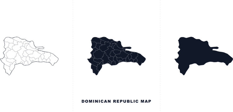 Dominican republic map set with administrative divisions and solid silhouette
