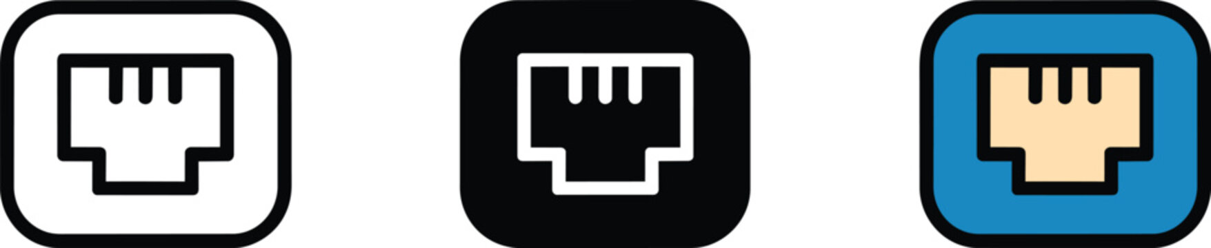 Ethernet port icons set in outline, solid, and colored styles representing network connectivity and telecommunication hardware and socket icon