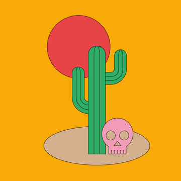 Colorful Desert Scene with Cactus, Skull and Bright Sun