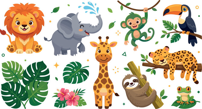 Jungle Animal Illustration Featuring Wildlife and Tropical Scenes in Vector Artwork