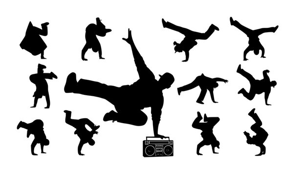 Dynamic breakdancing silhouette with boombox urban street art action pose isolated on white background
