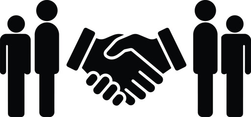 Obraz premium Black handshake icon between two groups of people representing business agreement partnership cooperation and professional teamwork in a simple flat design style