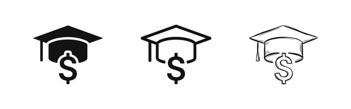 Graduation Cap with Dollar Sign Icon Set, Education Cost and Scholarship, Solid, Outline and Hand Drawn Styles