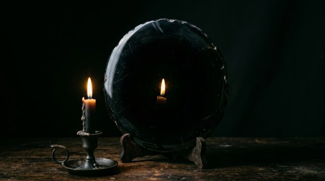 Scrying mirror with burning candle on antique wooden table. Black obsidian stone used for divination and fortune telling. Occult ritual and esoteric meditation in dark room.