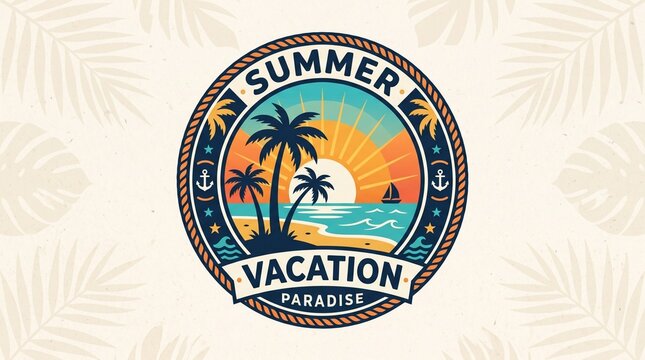 Summer vacation logo, tropical paradise badge, beach sunset emblem, travel sticker