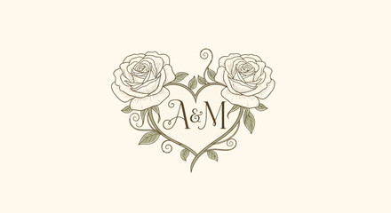 Fototapeta premium Elegant Wedding Monogram Featuring Intertwined A and M Initials Enclosed within a Romantic Hand Drawn Floral Heart Illustration with Rose Blooms