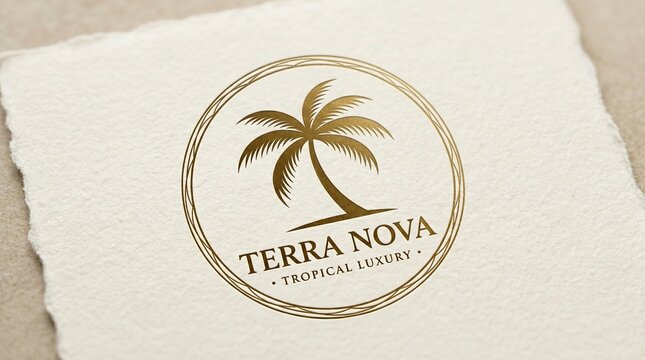 Tropical island logo, gold palm tree emblem, Terra Nova branding, luxury travel symbol