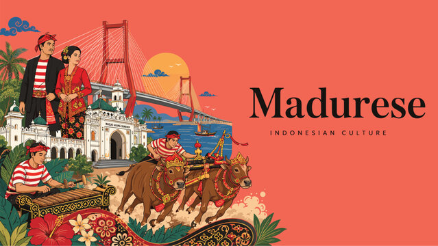Authentic Madurese Cultural Heritage Illustration Featuring Traditions Landmarks and Festivities