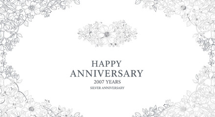Obraz premium Elegant Floral Border Design for Silver Anniversary Celebration Greeting Card with Decorative Vintage Line Art Illustrative Style