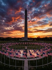 Fototapeta premium Washington monument with surrounding American flags at sunset. Patriotic view of national landmark in capital city. Travel destination and symbol of freedom, democracy and history.