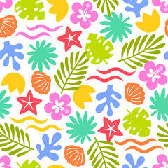 Colorful hand drawn tropical elements seamless pattern design for summer holidays background. © NTRdesign