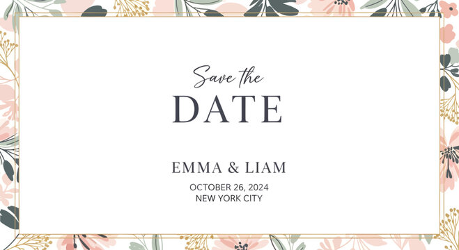 Elegant Floral Border Save The Date Wedding Invitation Announcement Card Design Template with Romantic Botanical Motifs and Sophisticated Minimalist Typography Layout