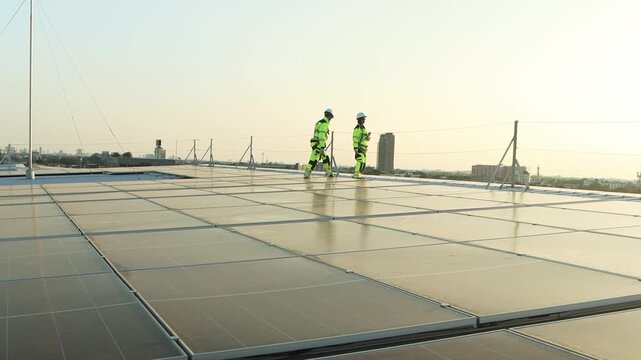 Two engineers in safety clothing with helmet check solar system with city view. Engineers walk alongside rows of solar panels. Man and woman worker inspecting rooftop solar farm at twilight sunset sky