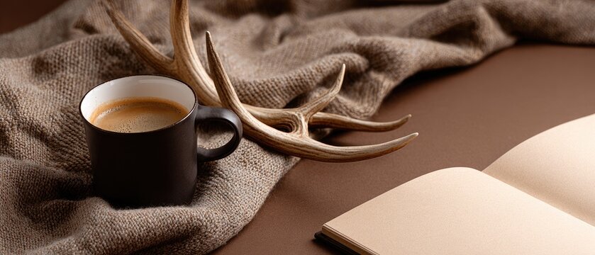 Cozy scene with coffee, antlers, knitted blanket, and open journal in earthy tones