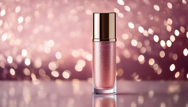 Flacone Di Lucidalabbra Scintillante Su Sfondo Rosa Bokeh Scintillante Prodotto Cosmetico Di Lusso