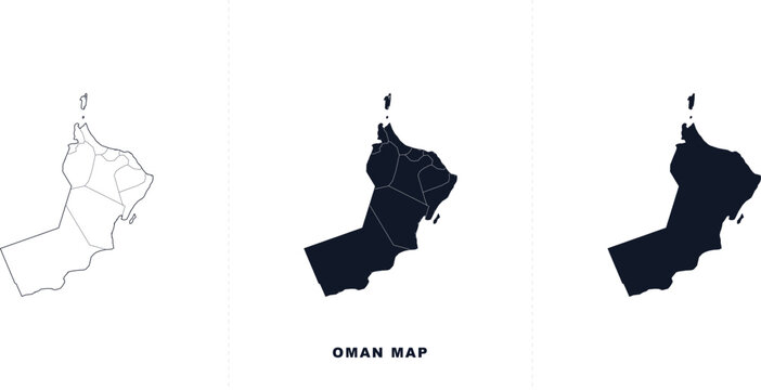 Oman map vector illustration set with administrative divisions and solid silhouette
