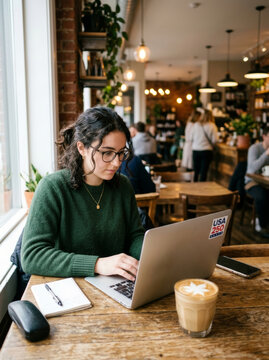 Woman sitting in cafe working on laptop. Freelancer typing on computer at wooden table near window. Productive lifestyle, remote work and mobile office concept in cozy coffee shop.
