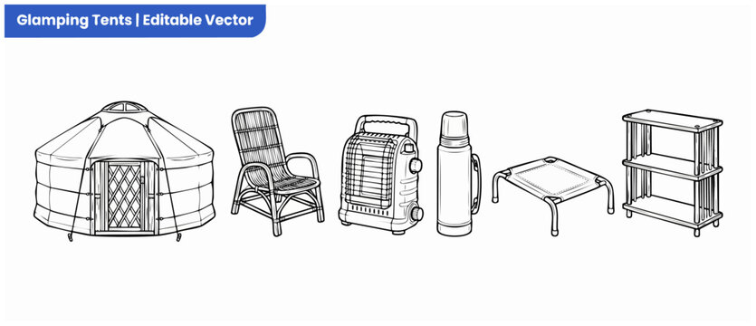 Glamping vector icons set outline illustration featuring yurt tent, wicker chair, portable heater, insulated thermos, folding camping cot, and wooden shelf for outdoor leisure activities page design.