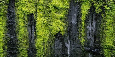 Fototapeta premium Vibrant green moss texture on a dark wet concrete wall, natural organic background, macro detail of mossy stone surface with abstract damp rock pattern