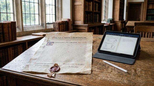 Document replica of Magna Carta with wax seal next to tablet computer on wooden library table. Historical study combined with digital technology for academic research and education.