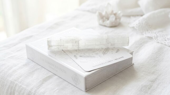 Selenite crystal wand resting on oracle card deck and book. Spiritual divination tools for meditation and healing practice. Ethereal white aesthetic for mindfulness and energy work.
