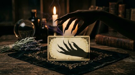 Fototapeta premium Witch hand gesturing over magic card with shadow. Sorceress conjuring occult power in dark room. Mysterious fortune teller predicting future with tarot. Esoteric ritual for Halloween.