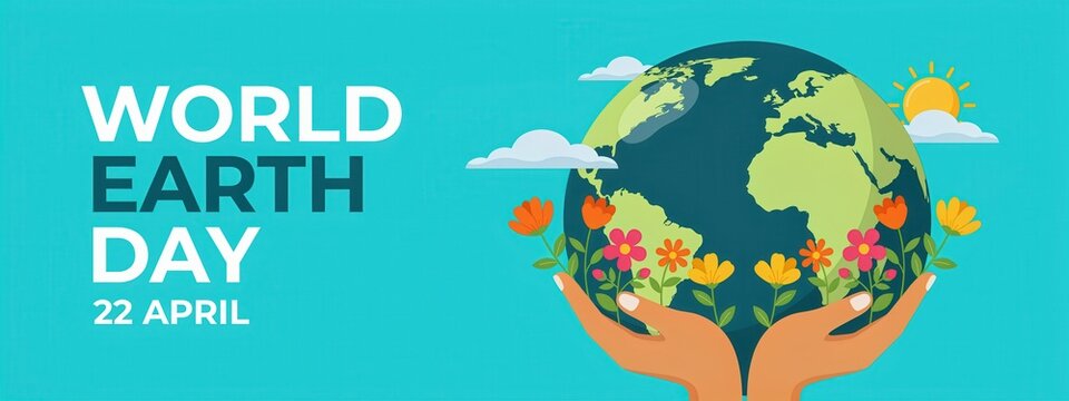 World earth day illustration with hands holding the planet with flowers, 22 april concept for environmental protection