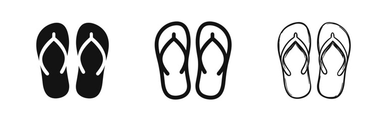 Flip-flops icon set with solid, outline and hand-drawn sketch versions for summer and travel themes © drawing lines