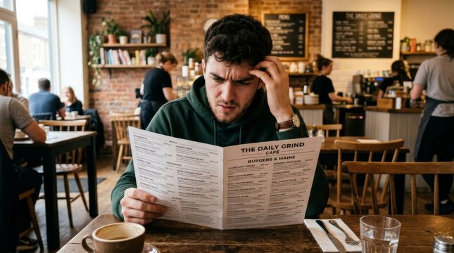 Man reading menu in cafe. Young guy confused by food choice while sitting at table. Restaurant customer having difficulty making decision. Daily lifestyle and leisure activity.