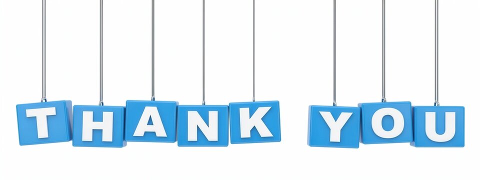 3d rendering of the word thank you hanging on strings isolated on white background