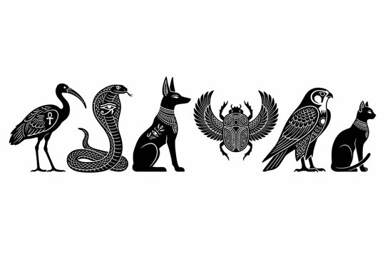 Egyptian Sacred Animal Silhouettes Set with Anubis and Scarab