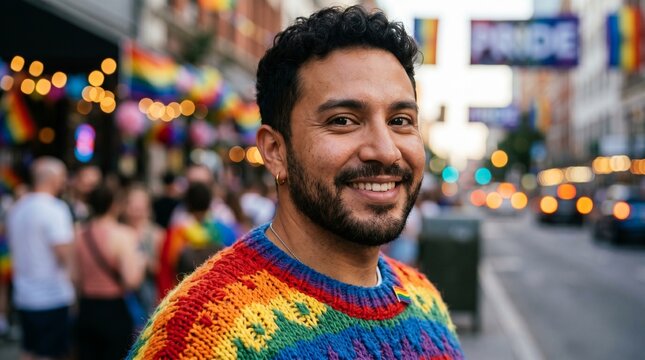 Smiling Hispanic man wearing colorful rainbow knit sweater at Pride parade, joyful queer representation, urban festival background, inclusive LGBTQ+ lifestyle portrait.