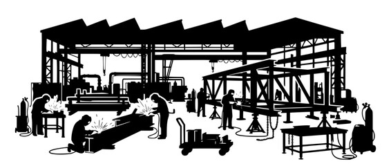 Obraz premium Industrial factory workshop silhouette with welders working on steel structures