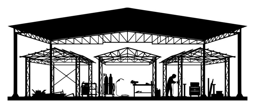 Metal fabrication workshop silhouette with welder and industrial equipment