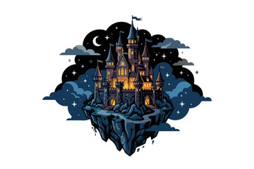 Medieval castle on floating island under night sky with moon © Basecamp
