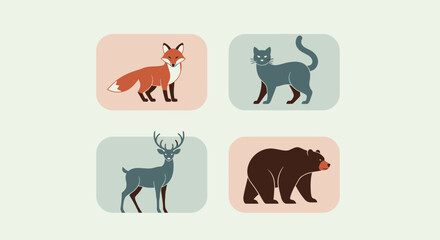 Obraz premium Four animals displayed in rounded squares are fox, cat, deer, bear