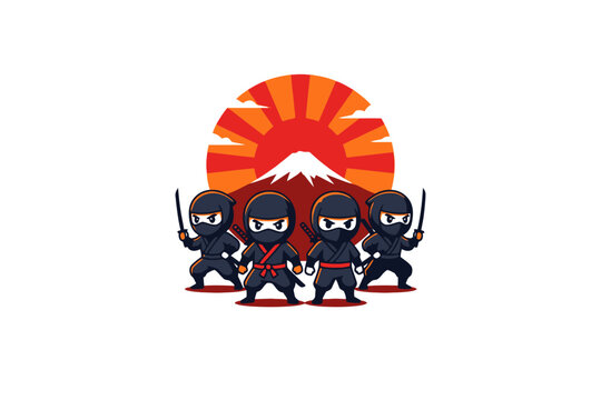 Four Chibi Ninjas with Katanas and Mount Fuji Illustration