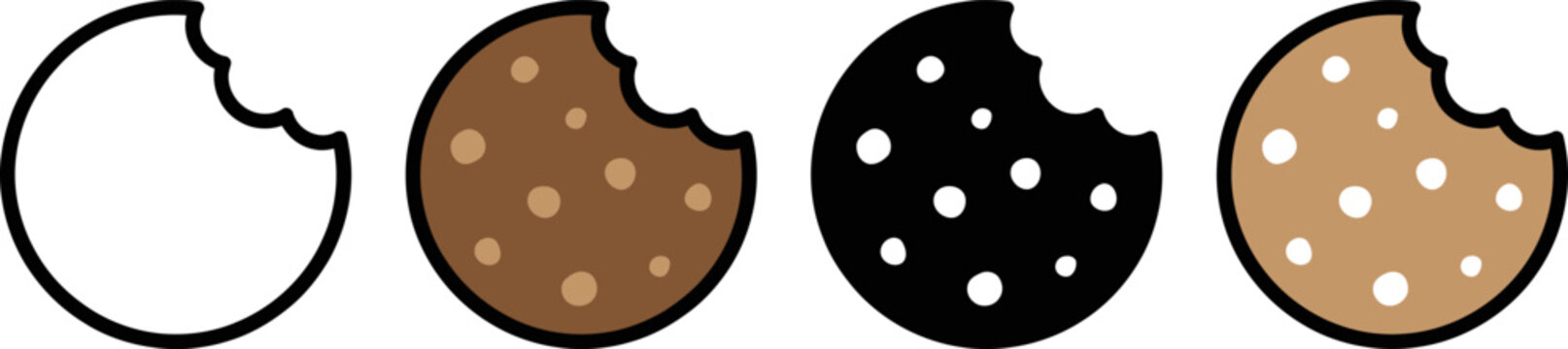 Four cartoon cookies with bite taken out of them side by side