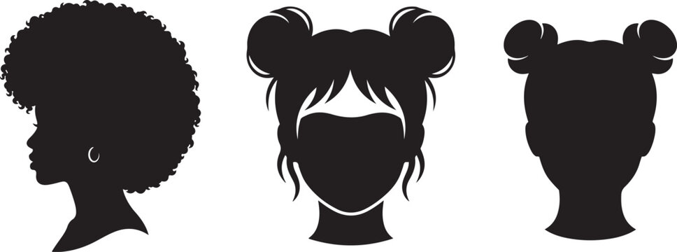 Vector illustration featuring female silhouettes with afro and space buns.